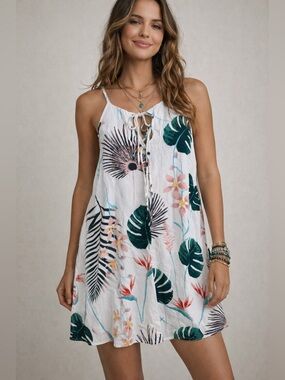 Umgee Tropical Floral  Midi  Dress Tie Front Boho Flowy Beach Vacation Size L